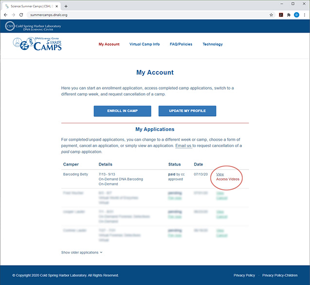 Screenshot of camp account webpage including enroll button and list of sample camp applications