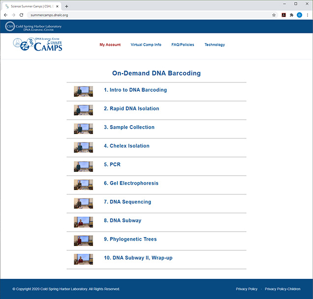 Screenshot of camp account webpage including a menu of On-Demand videos for a camp
