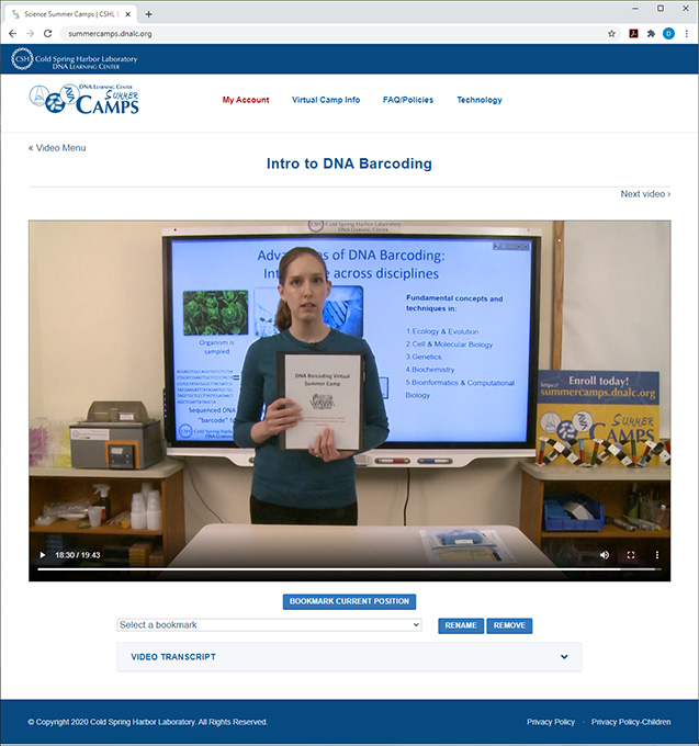 Screenshot of camp account webpage including an On-Demand camp video